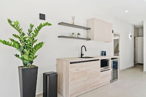 A modern kitchen with a built-in oven, a sink, and a cabinet. There is a potted plant on the left. - Ocean Front! 8BR Villa with Pool near Malmok Beach (Malmok)