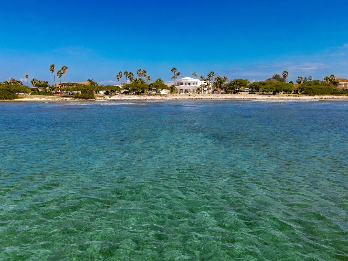 Une propriété située en bord de mer, avec une eau cristalline, des palmiers et un bâtiment blanc.