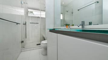 A modern bathroom with a glass shower enclosure, a white toilet, and a large mirror above the sink.