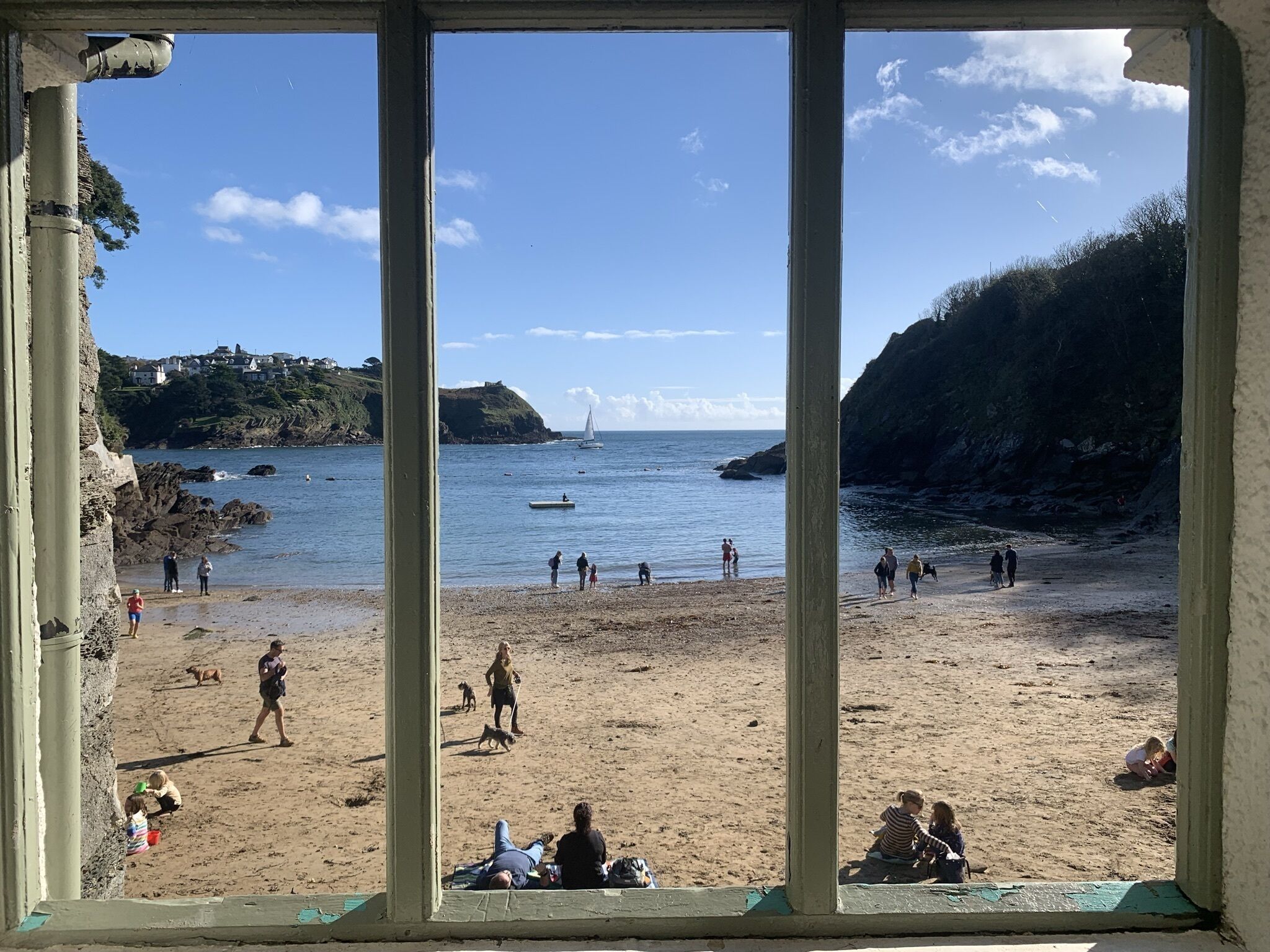 A beach with people and dogs, a sailboat, and rocky cliffs.