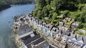 A coastal town with terraced houses along the water, a dock with boats, and dense greenery.