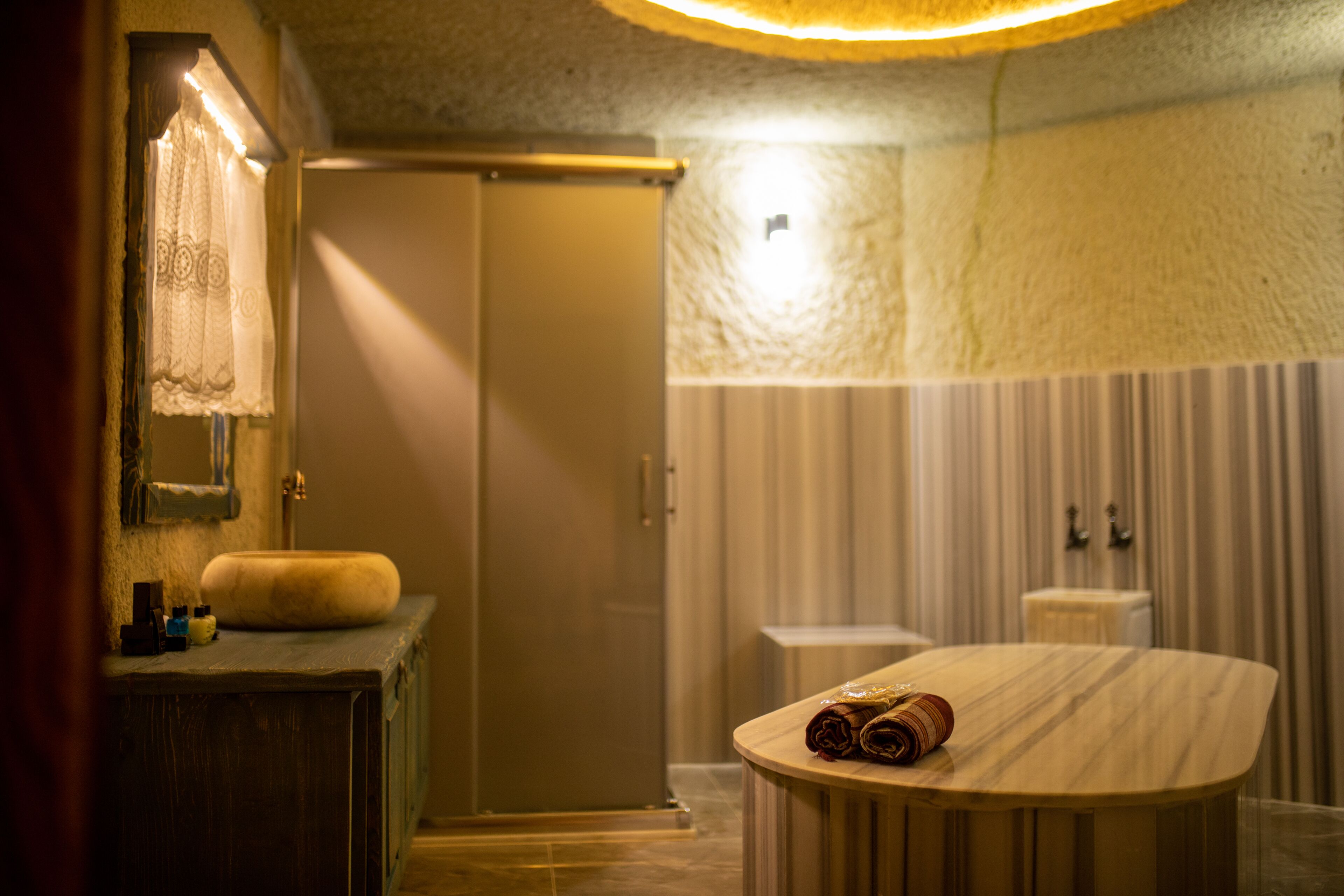 romantic suite | bathroom | shower, rainfall showerhead, designer toiletries, hair dryer
