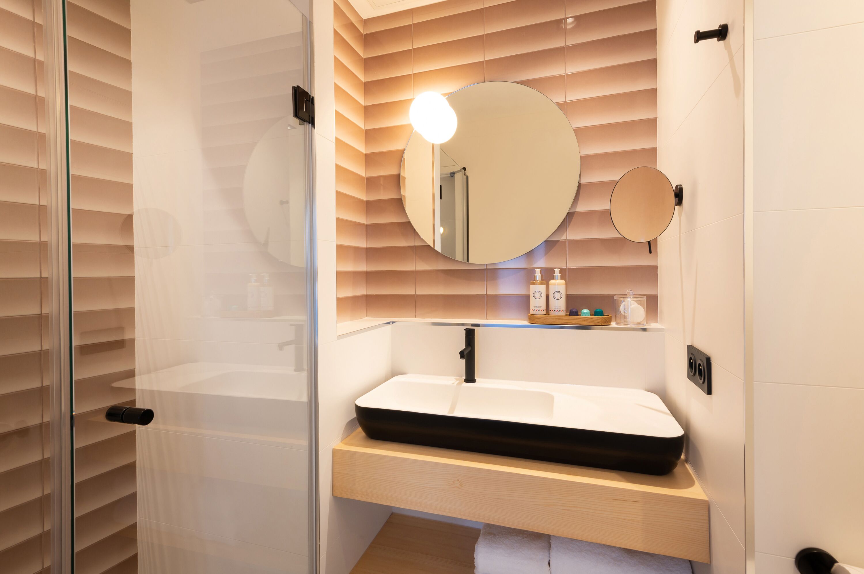 shower, rainfall showerhead, hair dryer, bathrobes