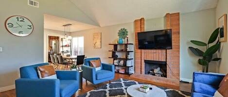 TV, fireplace, foosball