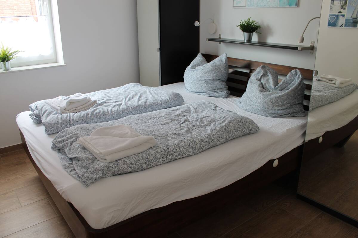 A neatly made bed with patterned bedding and pillows, a bedside table with a plant, and a window with natural light.