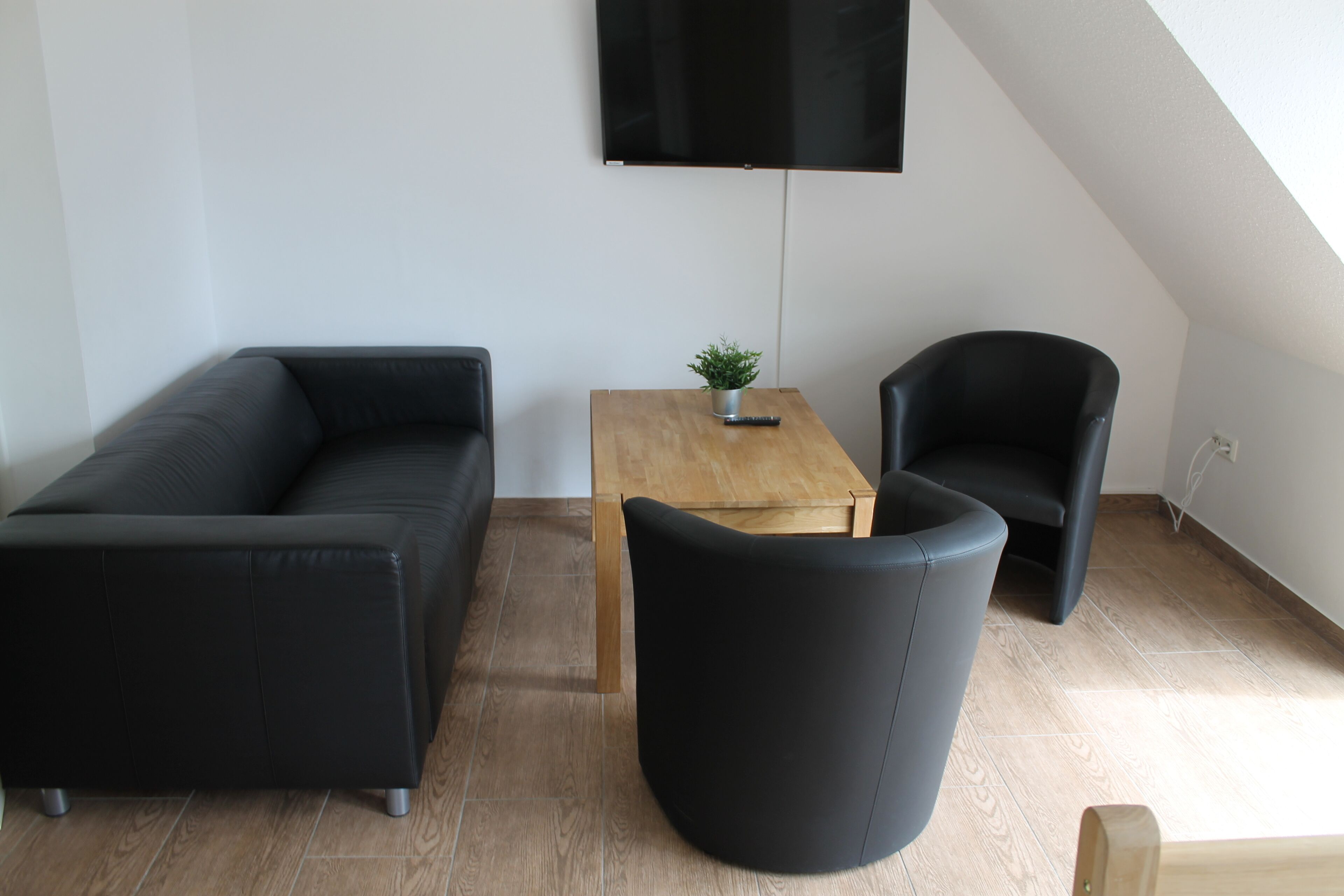 Ein modernes Wohnzimmer mit einer schwarzen Couch, einem schwarzen Sessel und einem Couchtisch aus Holz mit einer kleinen Pflanze.
