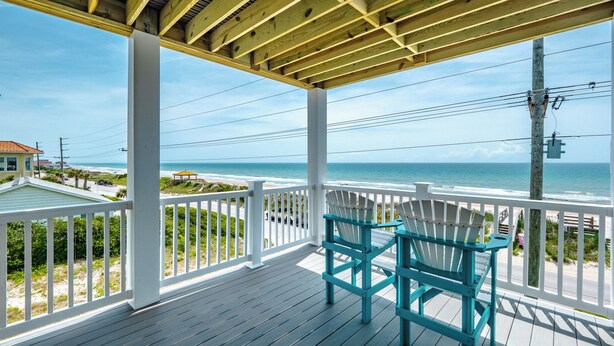 A wooden deck with two chairs overlooking a beach. - Eagles' Landing | Private Pool + Hot Tub, Views! (Surf City)