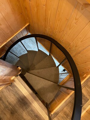 Stunning spiral staircase with carpeted steps and a black handrail, set against a backdrop of wooden walls and a visible ceiling.