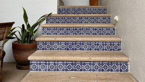 Eine Treppe mit blau gemusterten Fliesen, ein Blumentopf und ein gerahmtes Bild an der Wand.