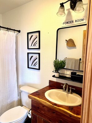 A bathroom with a toilet, a sink, a shower curtain, and two framed pictures on the wall.