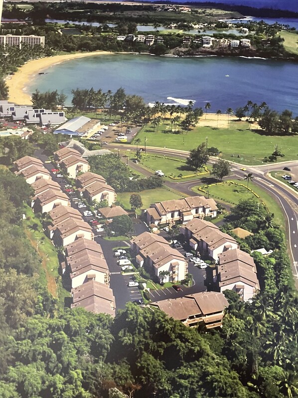 An aerial view of a coastal residential area with houses, roads, and a beach.
