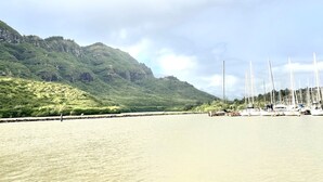 A marina with boats docked, surrounded by green hills and a clear sky. - Banyan Harbor - Your home away from home! (Lihue)