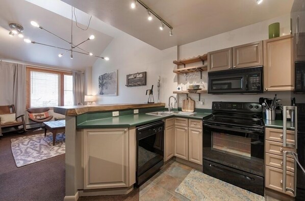 Fridge, microwave, oven, dishwasher