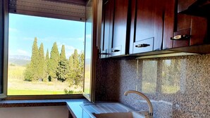 A kitchen with a window view of trees and a mountain. - [Panorama] View and Comfort a few steps away from the beach (Orosei)