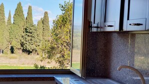 A kitchen with a large window overlooking a forest. - [Panorama] View and Comfort a few steps away from the beach (Orosei)