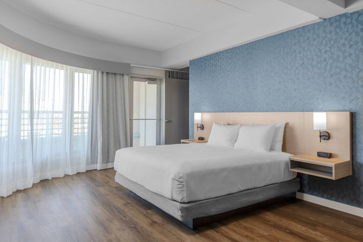 A modern hotel room with a large bed, wooden flooring, a blue accent wall, and a view through large windows.
