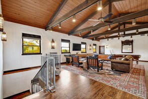 TV, fireplace - 8 BR Private Ranch, River access, Pool, Pickle ball, Game Room, Hot Tub (Wimberley)