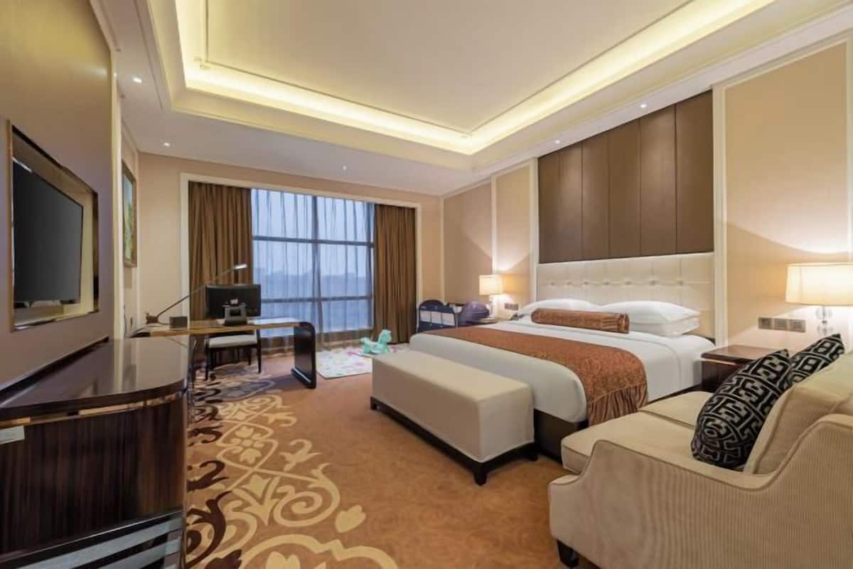 Quarto de hotel com uma cama grande, uma escrivaninha, uma televisão e vista para o exterior.