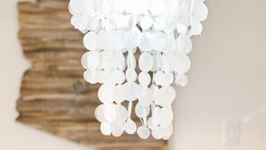Un lampadario dal design originale, una pianta in vaso su un tavolo e un’opera d'arte in legno a parete.