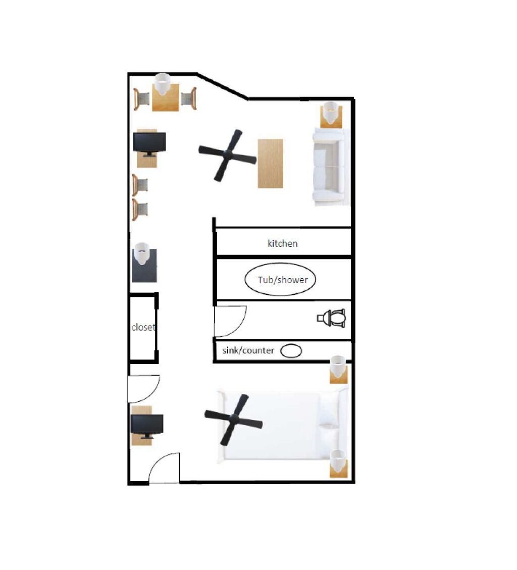 Hotellihuoneen pohjapiirros, jossa on keittiö, kylpyamme/suihku, pesuallas/työtaso ja vaatekaappi.