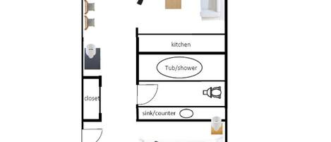 Hotellihuoneen pohjapiirros, jossa on keittiö, kylpyamme/suihku, pesuallas/työtaso ja vaatekaappi.