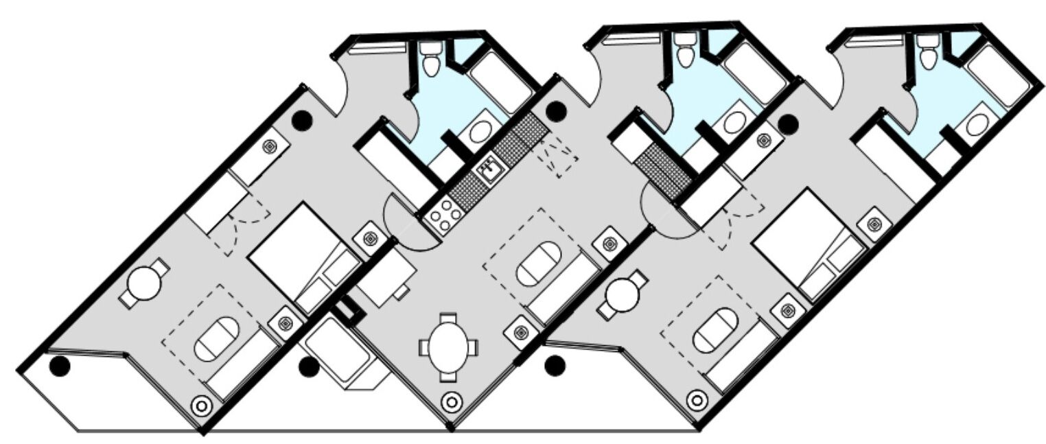 A floor plan of a hotel with multiple rooms, a central hallway, and a dining area.