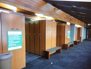 Secure storage and seating available in this corridor.