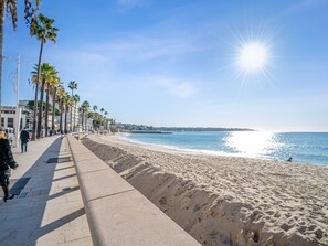 Ein Strand mit befestigtem Gehweg, Palmen und blauem Himmel.