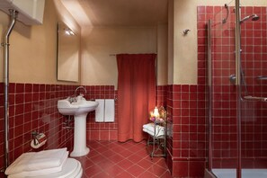 Shower, hair dryer, bidet, towels