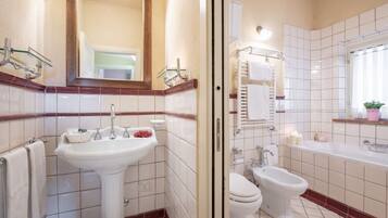 Combined shower/tub, hair dryer, bidet, towels