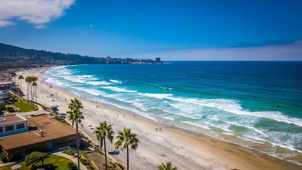 Una playa con palmeras, arena y vista al océano.