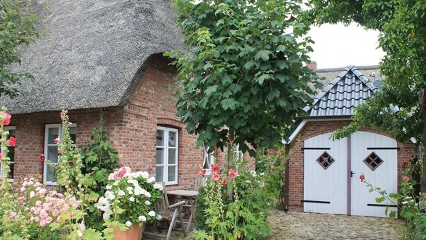A traditional brick house with a thatched roof, a wooden bench, and a garden with flowering plants. - Vacation apartment Oldsum - Take a vacation in the artists' village of Oldsum (Oldsum)