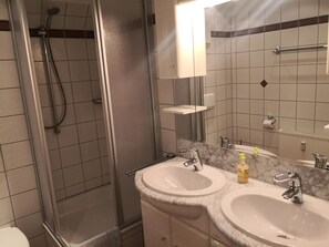 Shower, hair dryer, towels
