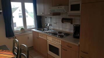 Fridge, stovetop, dishwasher, coffee/tea maker