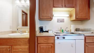 Microwave, stovetop, coffee/tea maker, toaster