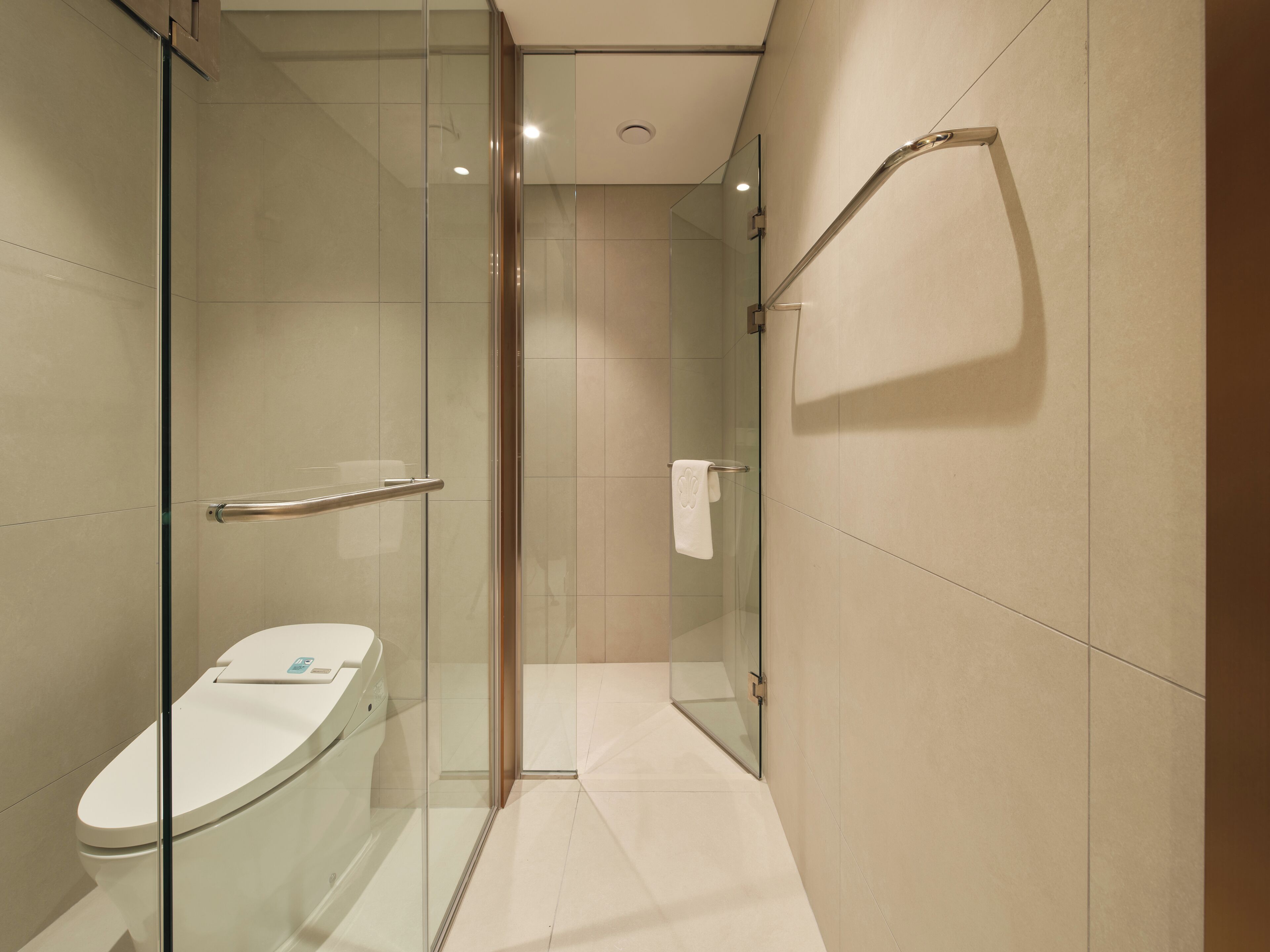 A modern bathroom with a glass-enclosed shower, a toilet, and a towel rack.