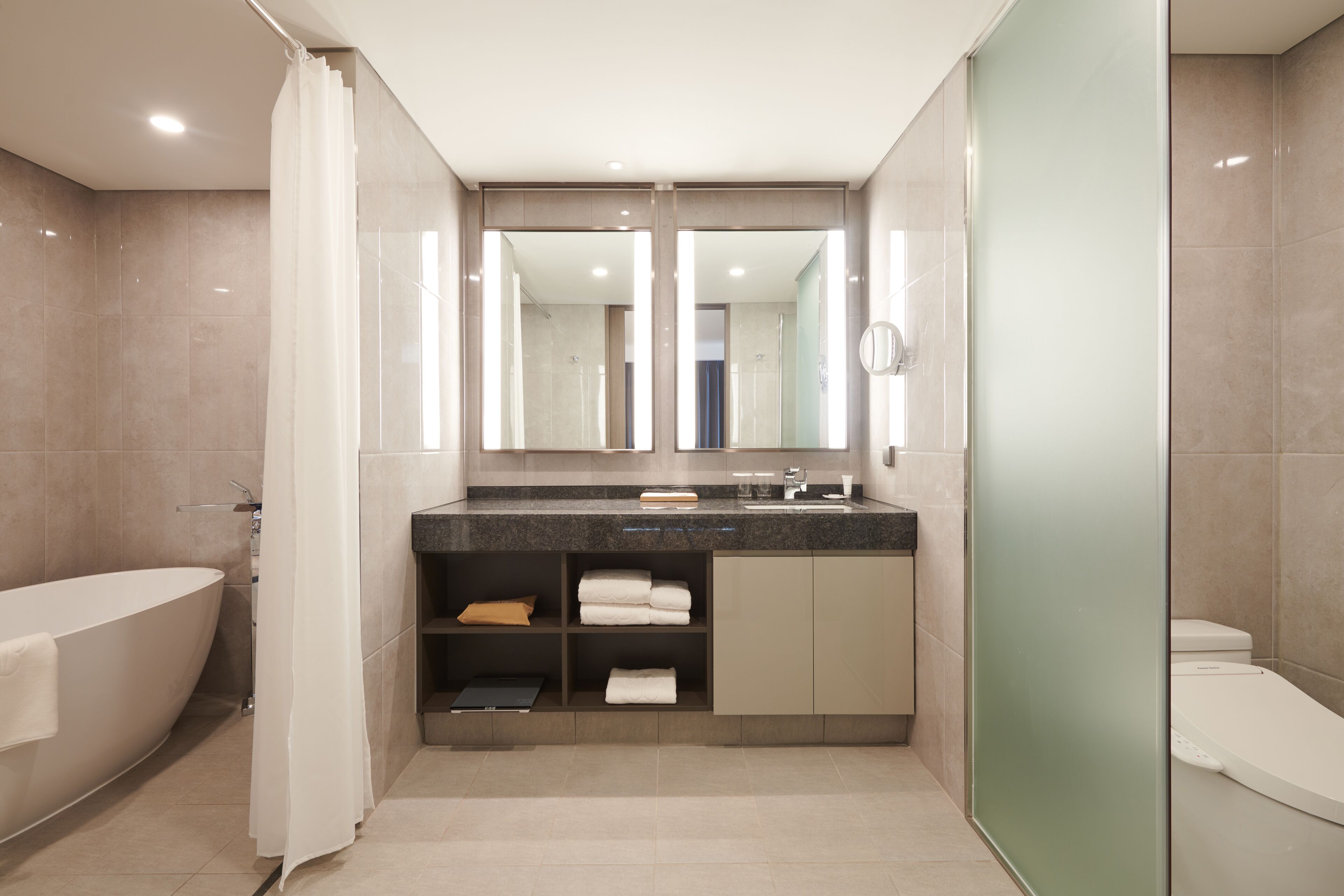 stanford suite | bathroom | hair dryer, bathrobes, slippers, bidet