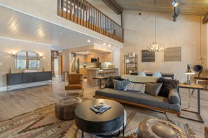 TV, fireplace, books