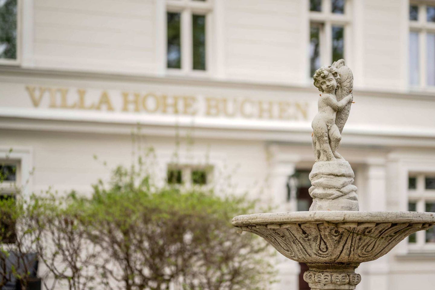 Uma fonte de pedra com estátua em frente a um edifício com a placa 'VILLA HOHE BUCHEN'.