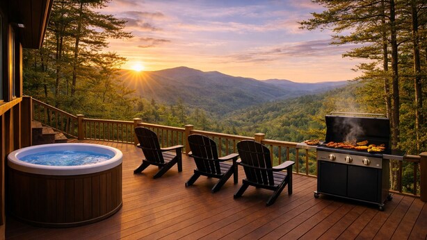 Um terraço com hidromassagem, duas cadeiras Adirondack e uma churrasqueira.