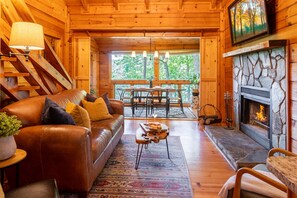 Smart TV, fireplace, books