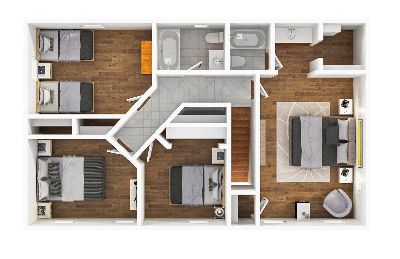 A 2-bedroom apartment layout with a bathroom, kitchenette, and a small living area.