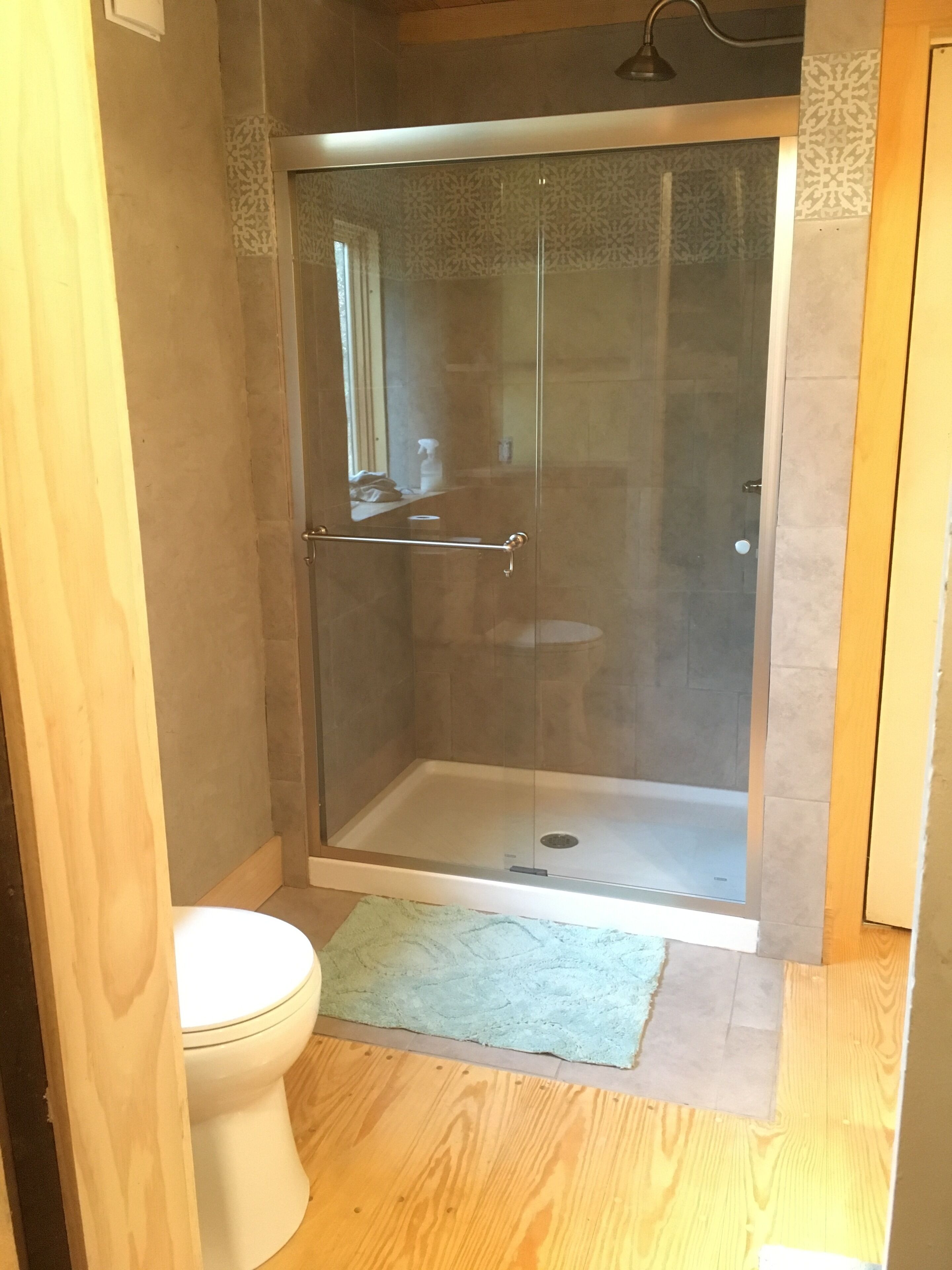 Ducha con puerta de cristal, inodoro y suelo de madera.