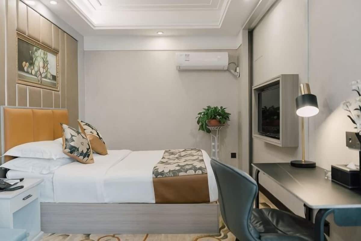 Een hotelkamer met een bed, bureau, stoel, televisie en een plant.