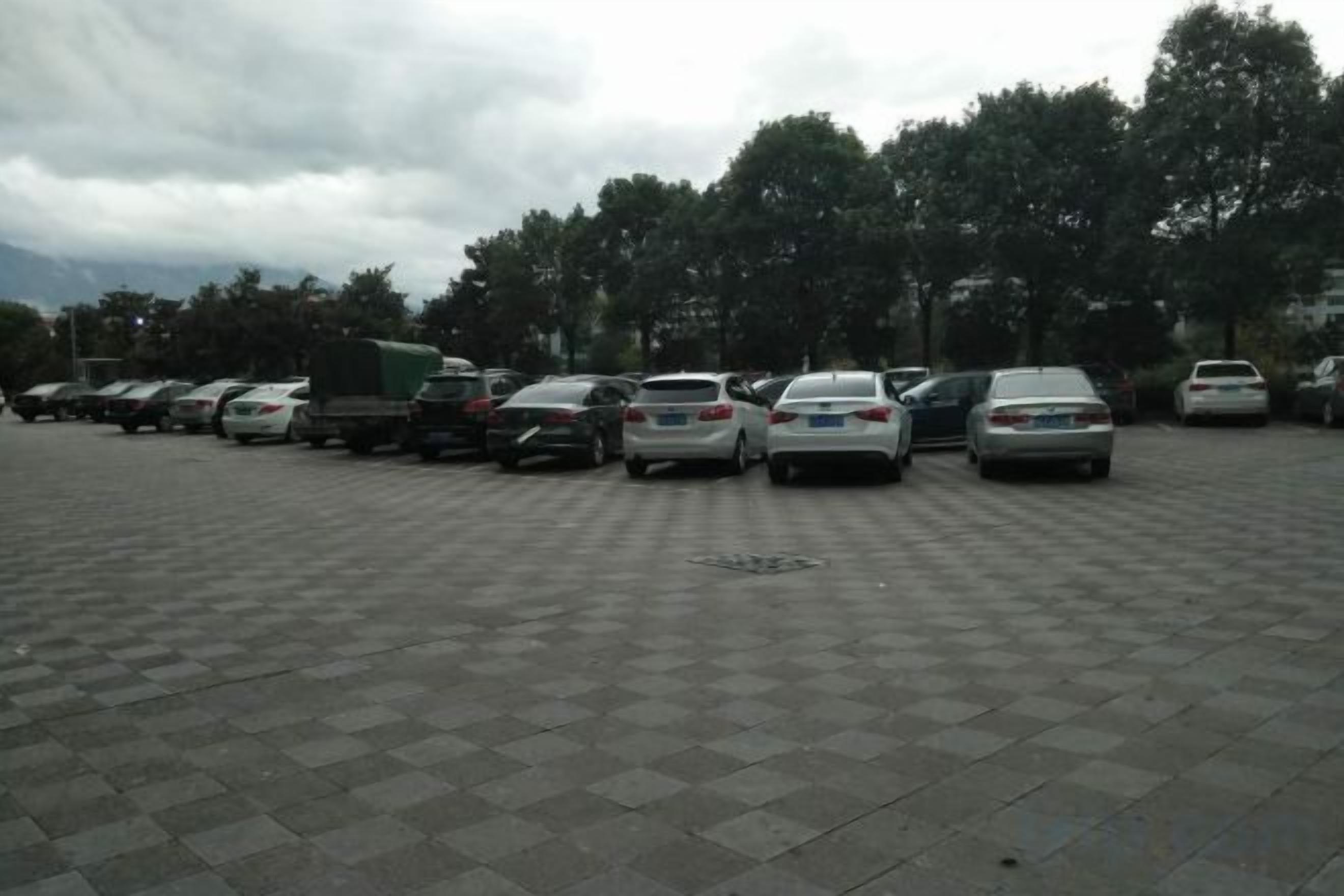 Un estacionamiento con varios coches y algunos camiones.