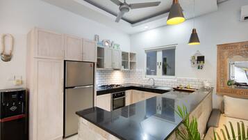 Full-size fridge, microwave, stovetop, toaster