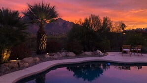 A swimming pool with a curved edge, surrounded by rocks and plants, and two wooden chairs. - Songbirds N Serenity (Oro Valley)