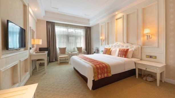 Habitación de hotel con una cama grande, televisor, escritorio y una silla.