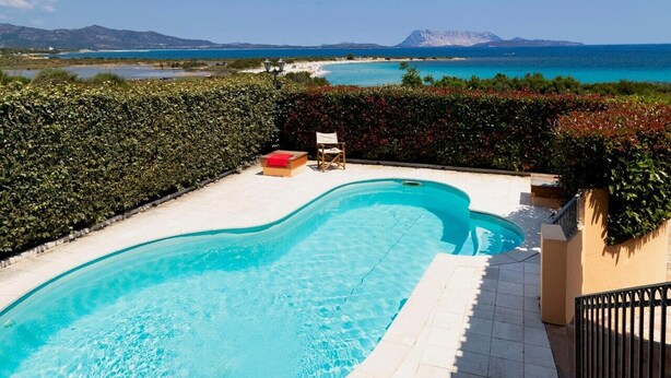 Ein Pool mit gewölbter Kante, umgeben von einer gefliesten Terrasse und einem Heckenstreifen.