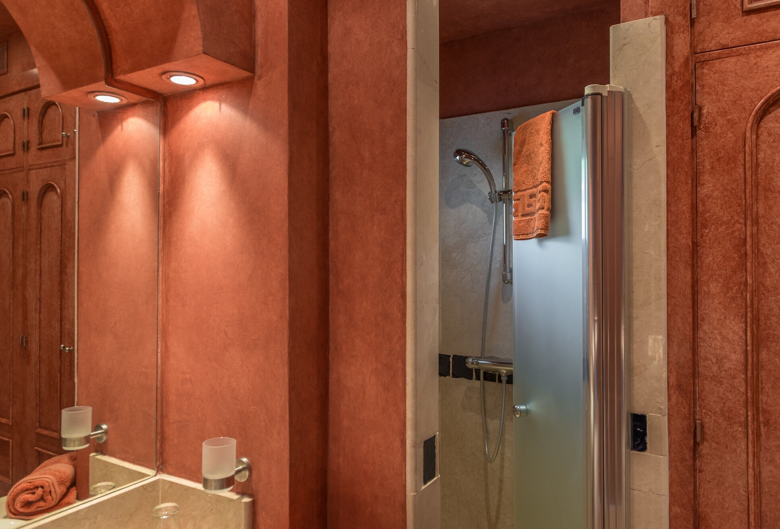 Ein Badezimmer mit Dusche, Handtuchhalter und Spiegel.
